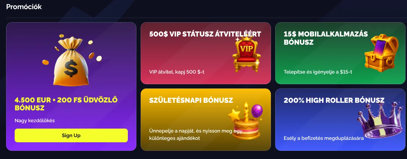 A Goldbet Bónuszközpont felülete az aktív promóciók listájával