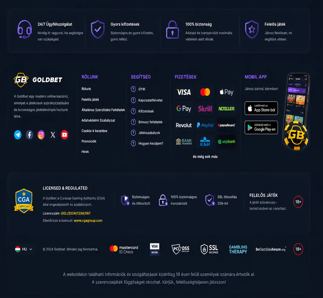 A CGA licencszám és SSL-tanúsítvány elhelyezkedése a Goldbet láblécében