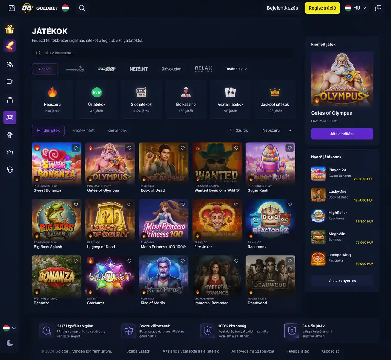 A Goldbet játékkatalógusa szűrőrendszerrel és kategória-navigációval